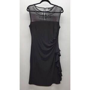 R&M Richards Black Beaded Sheer Neck Stripe Sleeveless Dress 8